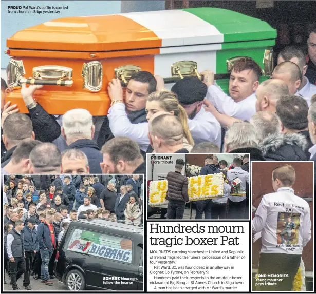  ??  ?? PROUD Pat Ward’s coffin is carried from church in Sligo yesterday SOMBRE Mourners follow the hearse POIGNANT Floral tribute FOND MEMORIES Young mourner pays tribute