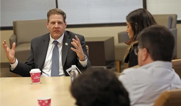  ?? MATT STONE / HERALD STAFF ?? ‘THANK YOU’: New Hampshire Gov. Chris Sununu, appearing at a Boston Herald editorial board meeting, says Massachuse­tts’ pursuit of an added cost on gasoline will push business across the border into his state.