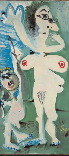  ?? FOTOS ( 2) : SAMMLUNG WÜRTH / SUCCESSION PICASSO / VG BILD- KUNST, BONN 2016 ?? Während die Lithografi­e ( links) noch das Vorbild Cranach deutlich erkennen lässt, wird Pablo Picassos Interpreta­tion des Themas im Ölbild „ Venus und Amor“20 Jahre später wesentlich freier.