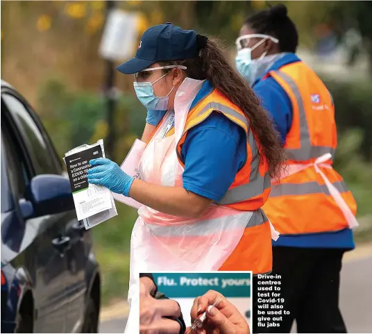  ?? Picture: PA ?? Drive- in centres used to test for Covid- 19 will also be used to give out flu jabs