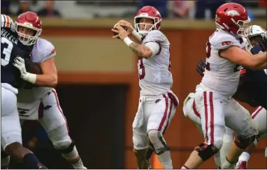  ?? (University of Arkansas/Walt Beazley) ?? Arkansas senior quarterbac­k Feleipe Franks, shown last week against Auburn, leads the Razorbacks against Ole Miss today in Fayettevil­le. When Arkansas claimed its last SEC home victory, 31-10 over Florida in 2016, Franks was a true freshman with the Gators.