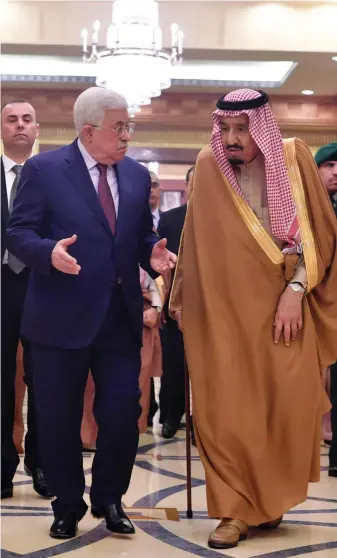  ?? Reuters ?? King Salman of Saudi Arabia and Palestinia­n president Mahmoud Abbas in the Saudi capital Riyadh yesterday. King Salman reiterated his opposition to the US decision on Jerusalem