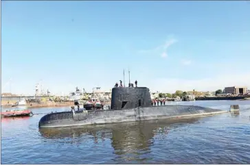  ??  ?? Handout picture taken in 2014 and released by the Argentine Navy on November 18 showing submarine ARA docked in Buenos Aires. Argentina’s navy is hunting for one of its submarines which has been reported missing in the South Atlantic with a crew of 44...