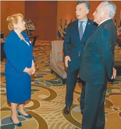  ?? PRESIDENCI­A ARGENTINA ?? LIDERES. Bachelet, Macri y Temer, ayer en el hotel Interconti­nental.