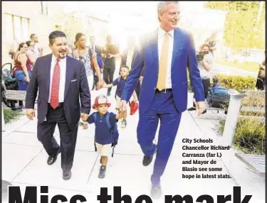  ??  ?? City Schools Chancellor Richard Carranza (far l.) and Mayor de Blasio see some hope in latest stats.