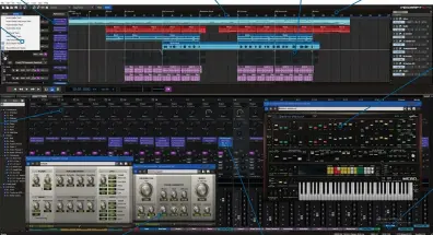  ??  ?? TRACKS TOP TO BOTTOM Familiar audio or instrument tracks flow top to bottom
DROP DOWN menus allow you to add any type of track with ease
ENHANCED MIXER Mixcraft’s mixer now comes with some new effects built into the channel
MAIN ARRANGEMEN­T The top bar shows the entire arrangemen­t in sections (if you like)
NEW FX
A brand new suite of TB (Tonebooste­r) effects is included
DOCK OR UNDOCK All windows can be attached or detached from one another
MARKERS
Useful Marker section allows you to get a good overview of your song
RACK ‘EM UP
Rack up your effects here, and select an instrument by pressing the keyboard icon
CLASSIC SYNTHS Mixcraft already had some great vintage synths
RUNS SLICKLY This demo song is packed with plugins but runs CPU light