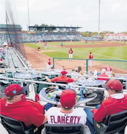  ?? JEFF ROBERSON/AP ?? Fans sit in socially distant pods during a spring training game between the Cardinals and Nationals on Sunday in Florida.