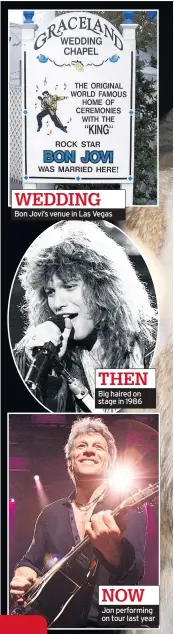  ??  ?? WEDDING Bon Jovi’s venue in Las Vegas THEN Big haired on stage in 1986 NOW Jon performing on tour last year