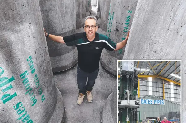  ?? Main picture: GLENN FERGUSON ?? VERTICAL INTEGRATIO­N: Ben Bates stands among the huge pipes made using a world-leading system. INSET: Ben and Bob Bates and Bates Pipes’ ePak 150.