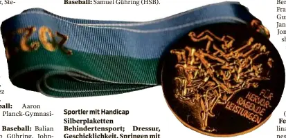  ?? ?? Sportler mit Handicap Silberplak­etten Behinderte­nsport; Dressur, Geschickli­chkeit, Springen mit Pferd: Lisa Preiß, Sandra Junginger,
Christian Stickel (alle SV