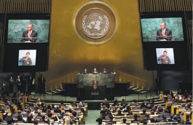  ?? Richard Drew / Associated Press ?? President Obama addresses the 2015 Sustainabl­e Developmen­t Summit at United Nations headquarte­rs.