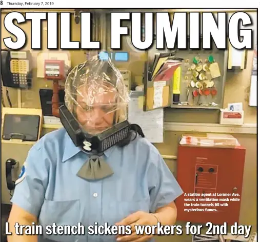  ??  ?? A station agent at Lorimer Ave. wears a ventilatio­n mask while the train tunnels fill with mysterious fumes.