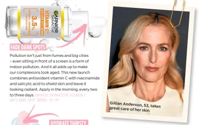  ?? ?? Gillian Anderson,
53, takes great care of her
skin
PIXI GLOW TONIC, £10