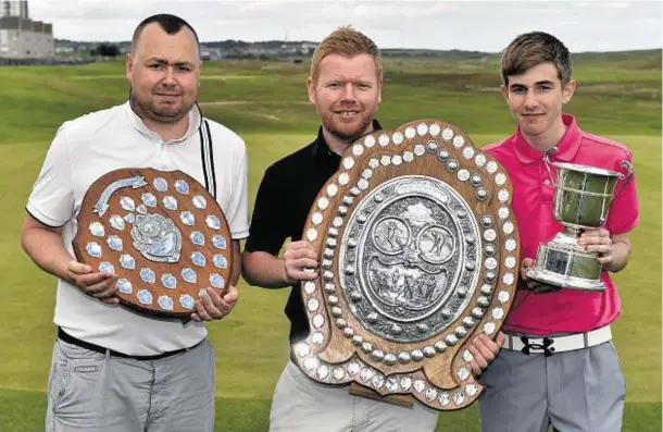  ?? Photograph: Kenny Elrick ?? WINNERS ALL: From left, Handicap Shield winner Graeme Meade, Links champion Matty Greig and Murray Cup winner Paul Kane.