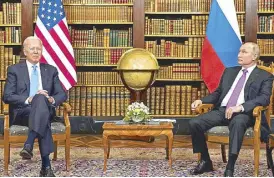  ?? REUTERS ?? US President Joe Biden and Russian President Vladimir Putin meet during the US-Russia summit at Villa La Grange in Geneva, Switzerlan­d on Wednesday.