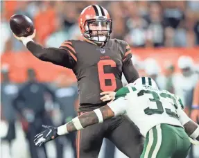  ?? KEN BLAZE/USA TODAY SPORTS ?? Rookie quarterbac­k Baker Mayfield led the Browns to a comeback win over the Jets on Sept. 20.