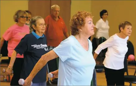  ?? Lake Fong/Post-Gazette photos ?? Cathryn Coblin, 74, of Mt. Lebanon, front, exercises with other seniors at the Jewish Community Center in Scott.