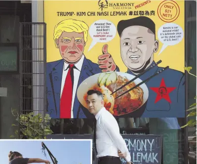  ?? AP PHOTOS ?? AN UNLIKELY PAIR: A man, above, walks past cartoon caricature­s of President Trump and North Korean leader Kim Jong Un, and a woman, left, hangs pinatas of the pair.