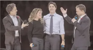  ?? TheCanadia­nPress ?? Co-founders Craig, left, and Marc Kielburger introduce Prime Minister Justin Trudeau and his wife, Sophie Gregoire-Trudeau, as they appear at the WE Day celebratio­ns in Ottawa in 2015.