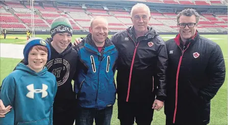  ?? SUBMITTED PHOTO ?? The McCully family a a Canada men’s sevens practice at B.C. Place prior to the Rugby Canada Awards ceremony on Thursday night. Pictured, from left, are Charlie McCully, 10, Simon McCully, 13, Rugby Canada Male Coach of the Year David McCully, Canada...