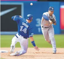  ?? FRED THORNHILL/AP ?? The Blue Jays’ Justin Smoak is forced out at second base as the Yankees’ Gleyber Torres turns a double play in the eighth inning.