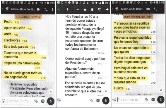  ??  ?? Algunos de los mensajes que se intercambi­aron el presidente de la República, Mario Abdo Benítez, y el entonces titular de la ANDE, Ing. Pedro Ferreira, durante el proceso de negociació­n con Eletrobras sobre contrataci­ón de potencia de Itaipú. Ferreira insistía en que no era convenient­e y Marito en que tenía que acordar.