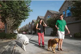  ?? Marie D. De Jesús / Staff photograph­er ?? Palmer and Mackay walk Moose and Cora in their south side neighborho­od. The couple decided it was smarter to purchase a home than rent, and homeowners­hip has allowed them to adopt pets.