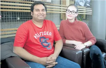  ?? MICHELLE ALLENBERG/ WELLAND TRIBUNE ?? Civil engineerin­g technician students Sandeep Kagra and Daria Femina talk about how the college strike has affected their lives.