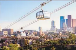  ?? Aerial Rapid Transit Technologi­es/Kilograph ?? A RENDERING of the gondola to Dodger Stadium. Los Angeles Mayor Karen Bass, who is new to the Metro board, has yet to take a position on the proposal.