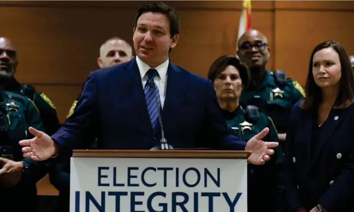  ?? Photograph: Joe Raedle/Getty Images ?? Ron DeSantis speaks about voter fraud on 18 August 2022 in Fort Lauderdale, Florida.