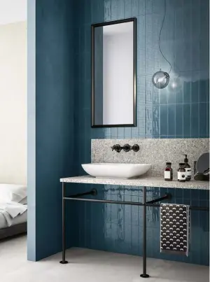  ?? ?? LEFT Salerno ceramic wall tiles in Blue, £59.40 a square metre, The Stone & Ceramic Warehouse