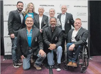  ?? CHRIS YOUNG THE CANADIAN PRESS ?? Canada’s Sports Hall of Fame class of 2018, back row from left, Alexandre Despatie, Chandra Crawford, Dr. Sandra Kirby, Maureen Baker (daughter of Mary Baker), Dave Keon and, front row from left,Wilton Littlechil­d, Damon Allen and Jeff Adams.