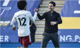  ??  ?? Mikel Arteta (right) celebrates with Willian after Arsenal beat Leicester at the King Power Stadium. Photograph: Rui Vieira/EPA