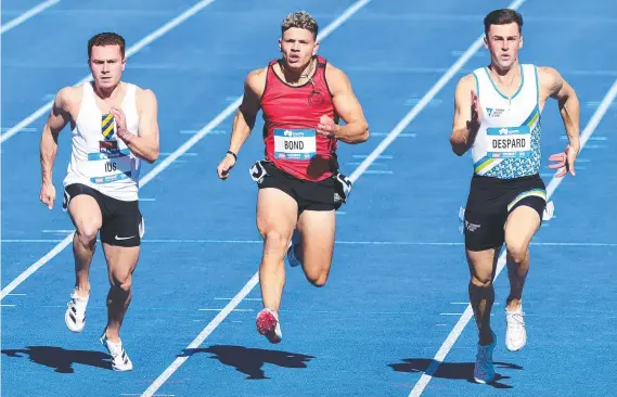  ?? ?? Tasmania’s Jacob Despard wins heat two of the men’s 100m semi-final at the Australian Athletics Championsh­ips in Adelaide. Picture: Sarah Reed/Getty Images