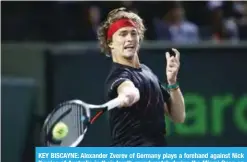  ?? — AFP ?? KEY BISCAYNE: Alexander Zverev of Germany plays a forehand against Nick Kyrgios of Australia in their fourth round match during the Miami Open on Tuesday.