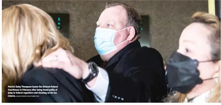  ?? ASHLEE REZIN/SUN-TIMES FILE ?? Patrick Daley Thompson leaves the Dirksen Federal Courthouse in February after being found guilty of lying to federal regulators and cheating on his tax returns.