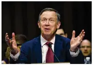  ?? JOSE LUIS MAGANA / AP ?? Colorado Gov. John Hickenloop­er speaks at a Senate committee hearing to discuss health insurance markets Thursday on Capitol Hill.