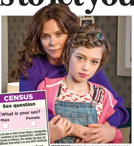  ??  ?? TRANS DRAMA: Anna Friel, above, playing a mum who helps her son live as a girl and, left, how the next census will tackle the question of gender