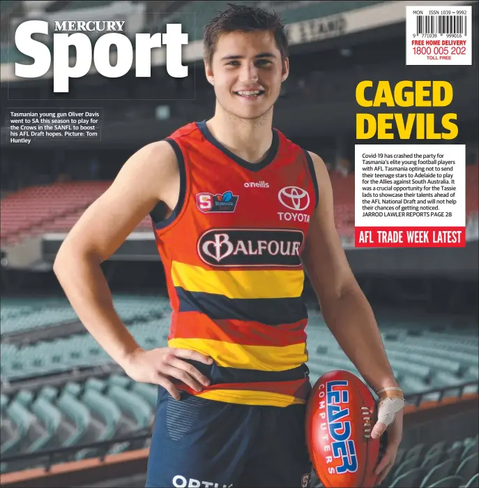  ?? ?? Tasmanian young gun Oliver Davis went to SA this season to play for the Crows in the SANFL to boost his AFL Draft hopes. Picture: Tom Huntley
