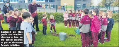  ?? ?? Gaelscoil de hÍde pupils and teachers planting a tree on the school grounds as part of the Green Schools initiative.