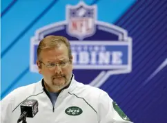  ?? Associated Press ?? ■ In this Feb. 28 file photo, New York Jets general manager Mike Maccagnan speaks during a press conference at the NFL football scouting combine in Indianapol­is. The Jets have acquired the No. 3 overall pick in the NFL draft from the Indianapol­is Colts...