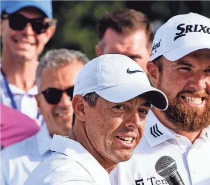  ?? STEPHEN LEW/USA TODAY SPORTS, ILLUSTRATI­ON BY MARC JENKINS/USA TODAY NETWORK ?? Above: Rory McIlroy, left, and Shane Lowry celebrate after winning the Zurich Classic on Sunday. McIlroy may rejoin the PGA Tour board after leaving it in November when Jordan Spieth replaced him.