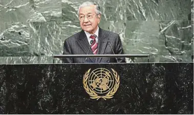  ??  ?? Voice of Malaysia: Dr Mahathir speaking during the General Debate of the 73rd session of the General Assembly at the United Nations in New York. — AFP