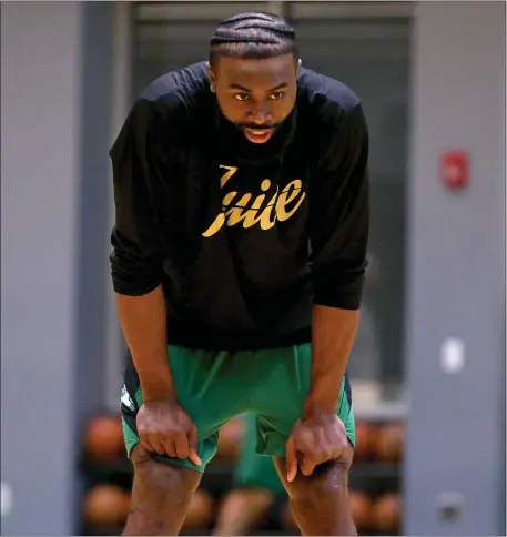  ?? MATT STONE — BOSTON HERALD ?? Jaylen Brown of the Boston Celtics stretches during practice at the Auerbach Center on Jan. 18 in Boston. Brown is grateful to be an All-Star, but has bigger goals in mind.