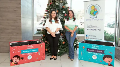  ??  ?? Rebeca de Trabanino y Vanessa Funes, al anunciar la campaña de recolecció­n de juguetes nuevos para regalar a niños con cáncer que son atendidos en el Hospital Benjamín Bloom. Las donaciones se pueden hacer en el centro comercial Plaza Malta.