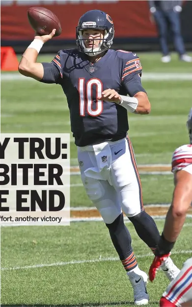  ?? JONATHAN DANIEL/GETTY IMAGES ?? Mitch Trubisky threw two touchdown passes in the first half and two intercepti­ons in the second half.