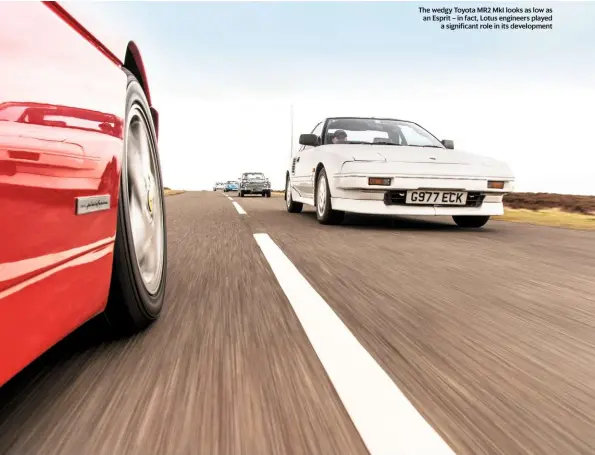 ??  ?? The wedgy Toyota MR2 MKI looks as low as an Esprit – in fact, Lotus engineers played a significan­t role in its developmen­t