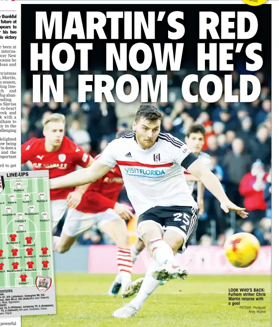  ?? PICTURE: ProSport/ Andy Walker ?? LOOK WHO’S BACK: Fulham striker Chris Martin returns with a goal