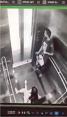  ??  ?? Screengrab­s from the closed-circuit television camera footage showing the suspect entering the lift after the victim (left), and the victim sitting on the ground while the suspect rummages through her handbag (right), at the Taman Mutiara MRT station in Cheras, Kuala Lumpur, on Thursday.