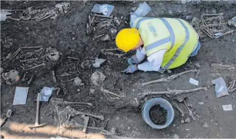  ?? FOTOS: THILO BERGMANN ?? Ein Archäologe legt auf der Baustelle für den Dreifaltig­keitshof in Ulm Knochen frei. 88 Skelette haben die Wissenscha­ftler bislang gezählt.
